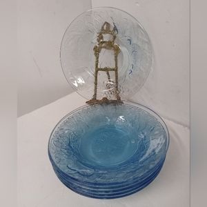 6 KIG Ice Blue Glass Bowl Dish Emboss Fruit Apple Grape Cluster Pear 8.75"